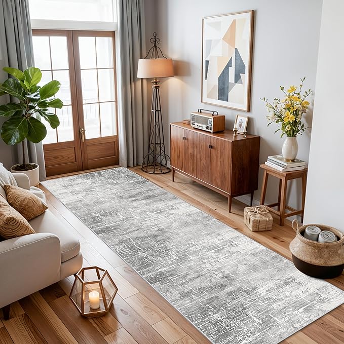 Washable 2x10 Kitchen Runner Rug: Abstract Farmhouse Bathroom Entryway Rug Soft Stain-Resistant Hallway Floor Mat Non-Slip Indoor Non-Shedding Carpet for Nursery Living Room Bedroom (2x10,Light/Grey)