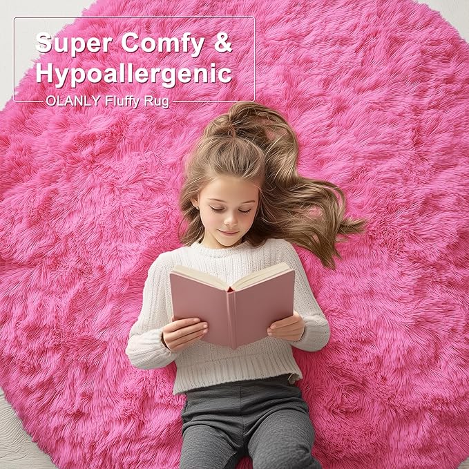 OLANLY Hot Pink Round Rugs for Bedroom - Machine Washable, 4 ft Circle Area Rugs for Living Room, Soft and Fluffy Shaggy Carpet for Teen Girls and Boys, Nursery Rooms, Dorms, Home Decor Aesthetic