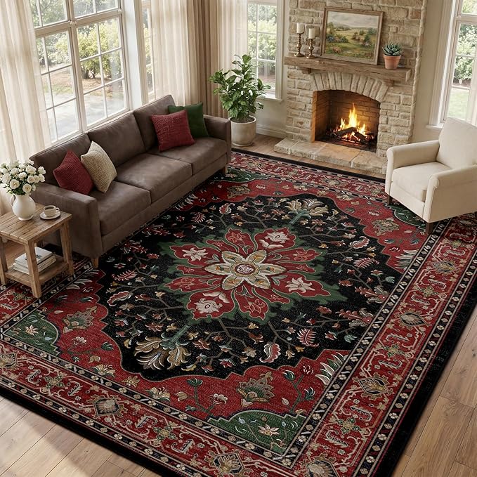 RELEANY Area Rugs 9'x12' Washable Non-Slip, Floral Vintage Distress Print Pattern Medallion Carpet for Living Room Bedroom Dining Room, Red Black