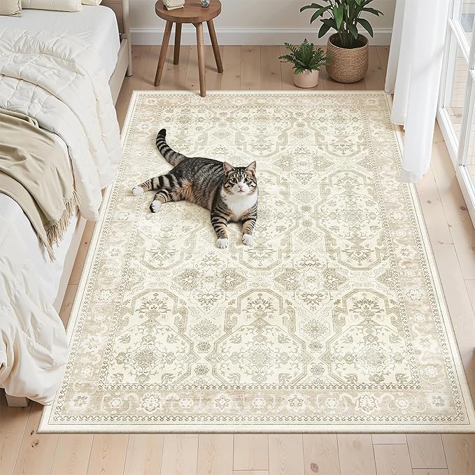 3x5 Rug, Small Area Rug for Kitchen, Entryway, Machine Washable Non-Slip Throw Rug, Vintage Carpet for Nursery Coffee Table Beige/Brown
