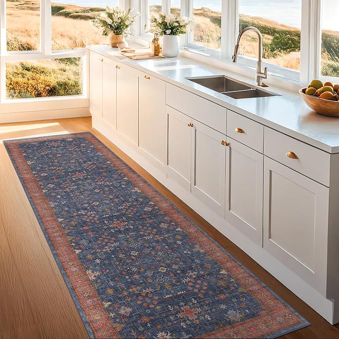 Washable 12 ft Long Runner for Hallway - Navy Blue Kitchen Floor Runner Rug, Pet Friendly Waterproof Non Slip with Rubber Backing, Stain Resistant Laundry Room Rug (3x12 Navy Blue & Terracotta)