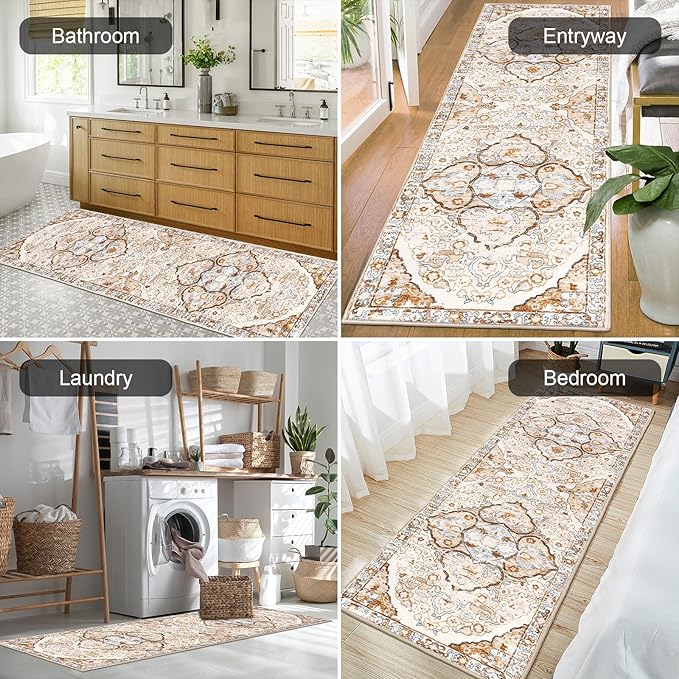 HEBE Hallway Runner Rug 2'x6' Washable Vintage Distressed Area Rugs Non Slip Laundry Rug Runner Boho Floor Carpet Runners for Hallways Entryway Laundry Room Kitchen Bathroom