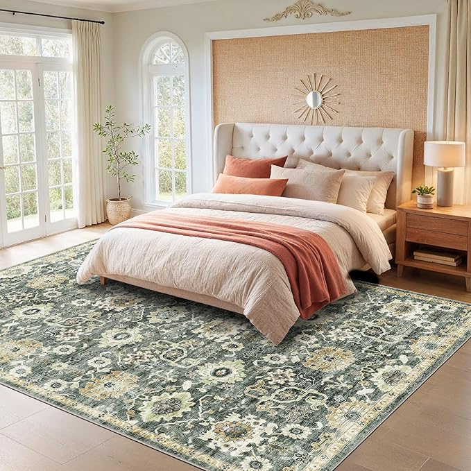 AMADA HOMEFURNISHING 9x12 Washable Area Rug, Low-Profile Large Area Rug with Non-Slip Backing & Durable Edge Binding, Vintage Large Rugs for Living Room, Bedroom & Dining Room