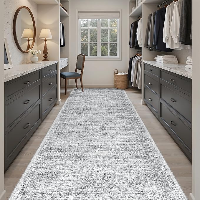 Soalmost 4x12 Wide Hallway Runners: Washable 12ft Runner Rug for Entryway Living Room Soft Vintage Non Slip Carpet Runner for Kitchen Dining Room Nursery Bedroom (Grey, 4x12ft)
