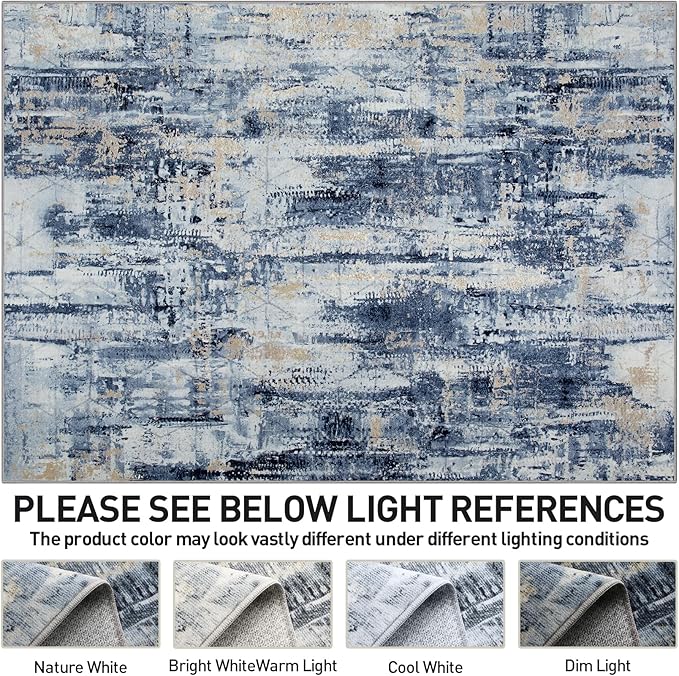9x12 Area Rugs Washable Rug: Modern Abstract Living Room Rug Soft Anti-Skid Thin Carpet Indoor Floor Non-Shedding Carpets for Bedroom Dining Room Farmhouse Nursery Home Office Blue Gold