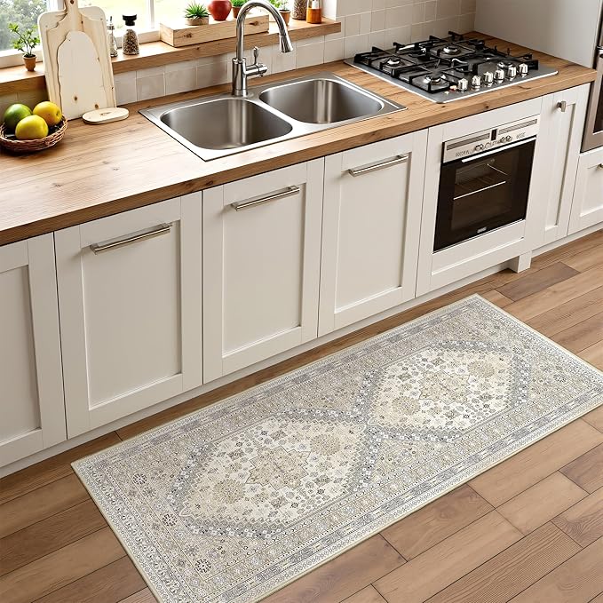2x5 Rug Runner Washable for Entryway, Soft Bathroom Rugs with Non-Slip Backing,Vintage Low Pile Stair Runner, Small Kitchen Carpet for Hallways, Laundry Room(Beige,2'x5')