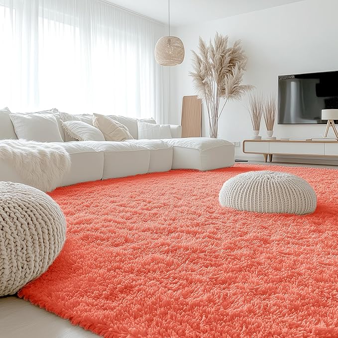 OLANLY 9x12 Machine Washable Large Area Rugs for Living Room, Bedroom, Soft Fluffy Shaggy Bedside Rug, Indoor Floor Carpet for Kids Girls and Boys, Dorms, Nursery, Home Decor, Coral Red
