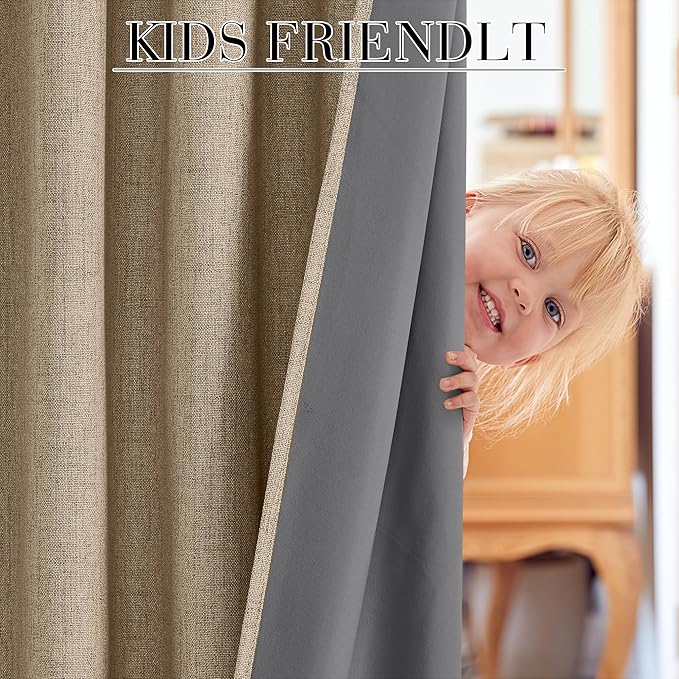 RYB HOME Burlap 100% Blackout Curtains 63 inch Long, Light Blacking & Thermal Insulated Curtains for Nursery/Bedroom/Boys'Room, Back Tab & Rod Pocket Window Treatment, W52 x L63, 2 Panels