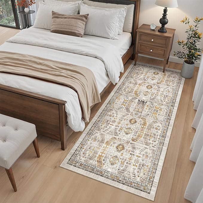 Madane Hallway Runner Rug 3x6 - Washable Kitchen Rugs Entryway Rug Runner Vintage Soft Floor Mat Non Slip Indoor Farmhouse Carpet for Bathroom Living Room Bedroom (3 X 6, Brown/Gold)