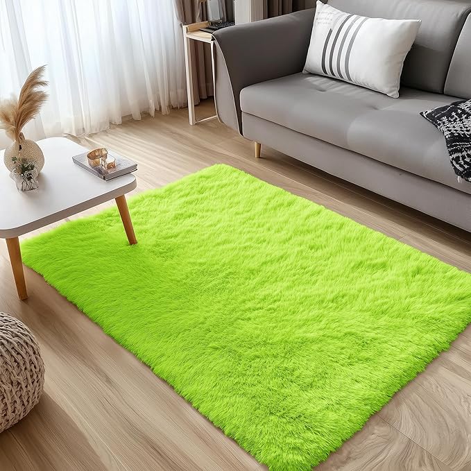 OLANLY 3x5 Machine Washable Small Bedside Rug, Soft Fluffy Shaggy Rugs for Living Room, Bedroom, Indoor Floor Carpet for Kids Girls and Boys, Preppy Dorms, Nursery, Home Decor Aesthetic, Lime Green