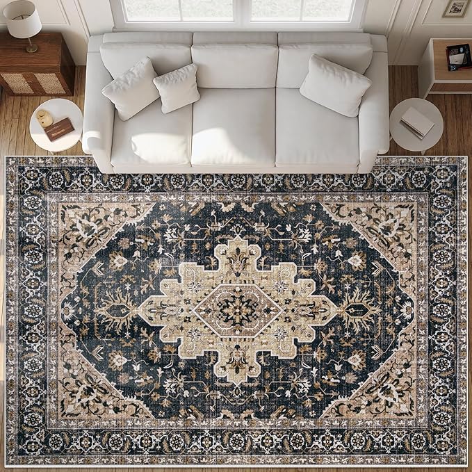 Area Rugs 9x12 Vintage Rug: Large Washable Living Room Rug Retro Medallion Distressed Soft Low Pile Non-Slip Indoor Floor Carpet for Bedroom Dining Table Office (BeigeBlack,9'x12')