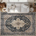 Area Rugs 9x12 Vintage Rug: Large Washable Living Room Rug Retro Medallion Distressed Soft Low Pile Non-Slip Indoor Floor Carpet for Bedroom Dining Table Office (BeigeBlack,9'x12')
