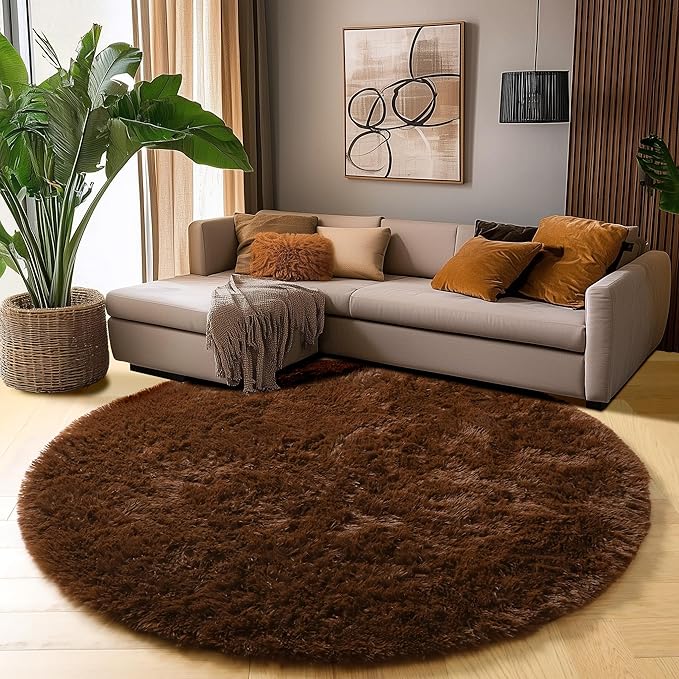 Amdrebio Dark Brown Round Circle Rugs 5Ft for Bedroom, Fluffy Shag Plush Area Rugs for Kids Room, Living Room Decor Aesthetic, Fuzzy Fur Floor Chocolate Coffee Carpet for Playroom Dorm Baby Nursery