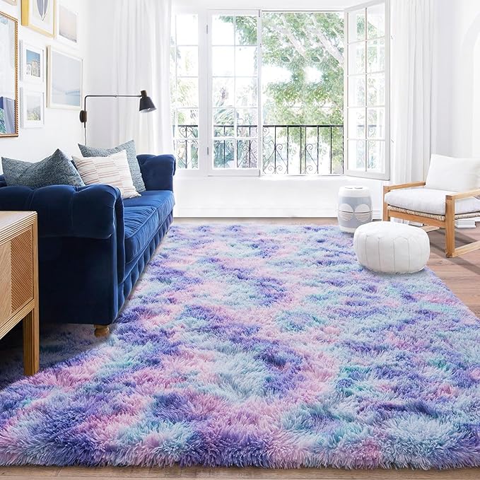 Rugs for Living Room 5x7, Soft Shaggy Modern Shag Area Rug for Bedroom, Upgrade Non-Slip Plush Fluffy Carpet for Kids Boys Girls Room Home Decor Aesthetic, Rainbow Purple