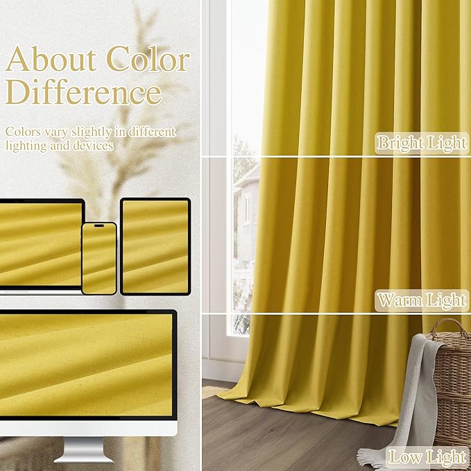 Guken Celery Yellow 100% Blackout Linen Curtains 102 Inch Length 2 Panels Set for Living Room Bedroom Back Tab Rod Pocket Thermal Insulated Black Out Drapes Room Darkening,52x102