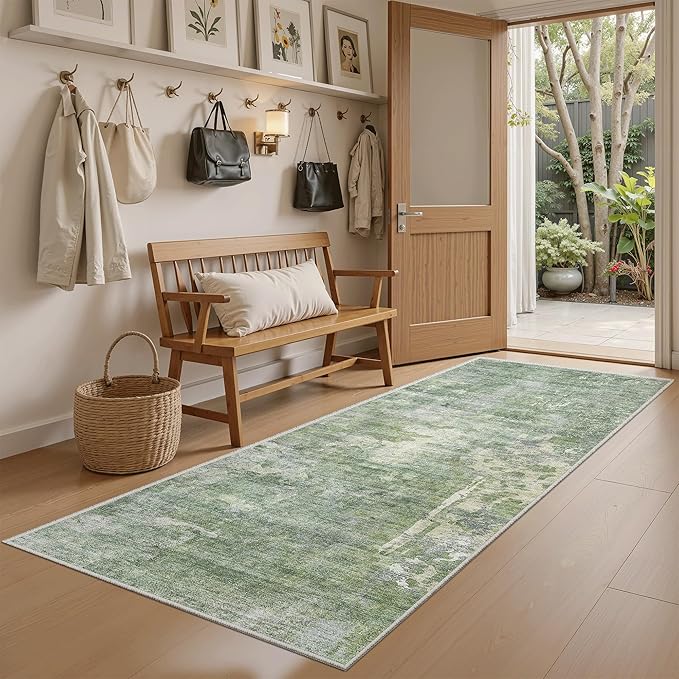 Runner Rug 2x6 Washable Non-Slip Kitchen Runner Rugs for Bathroom Laundry Room Green/Ivory Vintage Floor Carpet Runners for Hallway Entryway