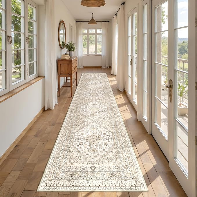 Carpet Runners for Hallway 12ft, Non-Slip Long Bathroom Rugs Runner for Kitchen, Living Room, Soft Vintage Washable Rug for Entryway, Thin Floor Mat for Dining Room(Cream/Beige,2.5'x12')
