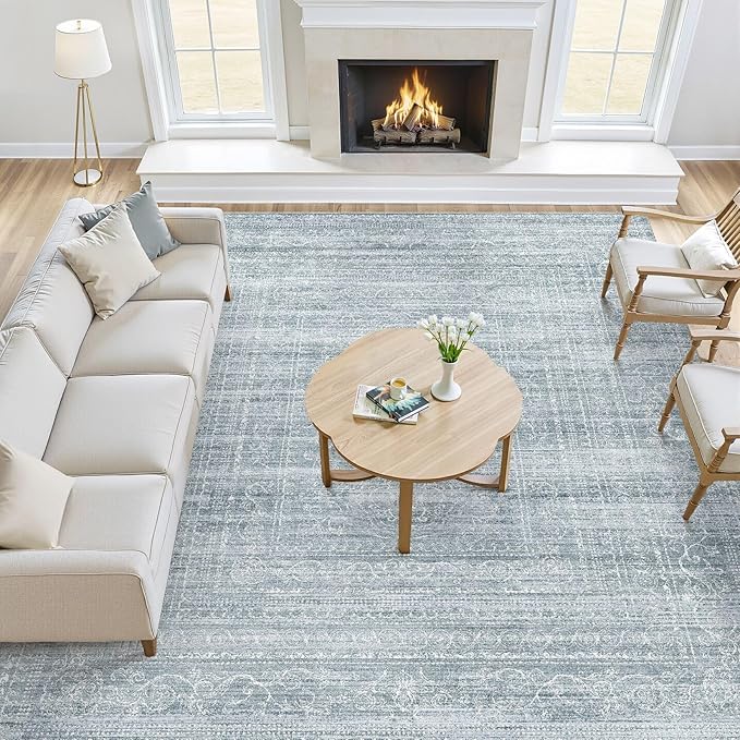 8x10 Area Rugs Living Room: Washable Large Neutral Soft Rug Farmhouse Stain Resistant Indoor Non-Slip Floor Carpet for Bedroom Nursery Kids Playroom Office Dining Room Dorm- Blue