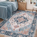 SERISSA 4x6 Boho Bedroom Rug, Washable Non Slip Vintage Blue Orange Area Rugs, Ultra Soft Print Distressed Tribal Entry Rug Low-Pile Throw Carpet for Nursery Dorm Kitchen Living Room Decor