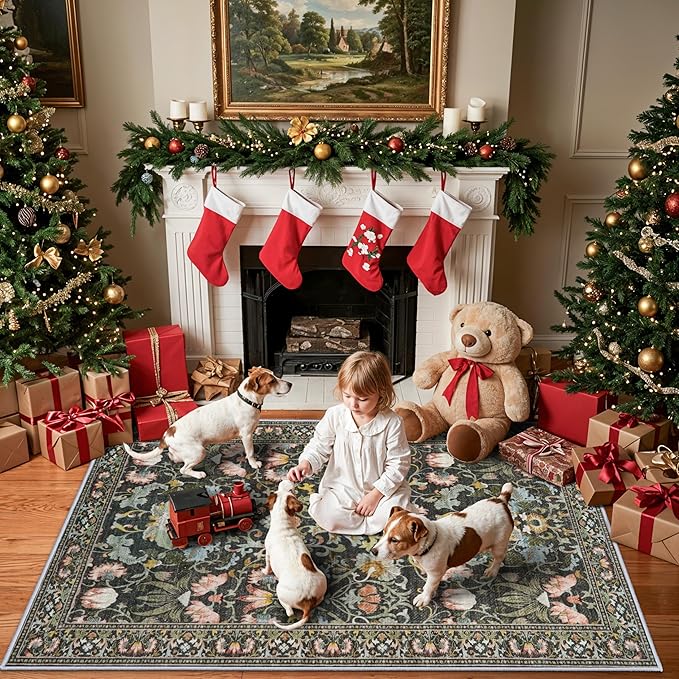 Washable 4x6 Bedroom Rug for Family: Non-Slip Floral Small Carpet for Living Room Kitchen Boho Low Pile Doormat for Entryway Soft Floor Mat for Nursery College Dorm Essentials for Girls(4x6,Green)