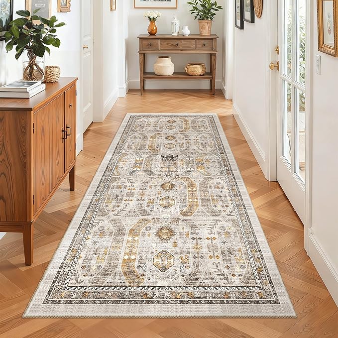 Madane Hallway Runner Rug 3x6 - Washable Kitchen Rugs Entryway Rug Runner Vintage Soft Floor Mat Non Slip Indoor Farmhouse Carpet for Bathroom Living Room Bedroom (3 X 6, Brown/Gold)