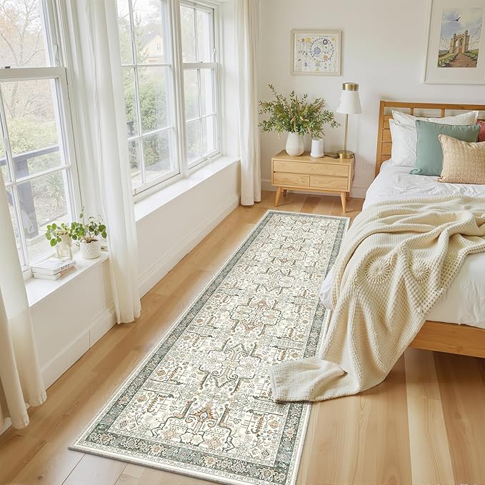 2x6 Hallway Washable Runner Rug - Soft Non Slip Vintage Rugs for Entryway Low-Pile Farmhouse Neutral Kitchen Runners Living Room Floor Mat Stain Resistant Distressed Carpet for Bedroom Bathroom Green