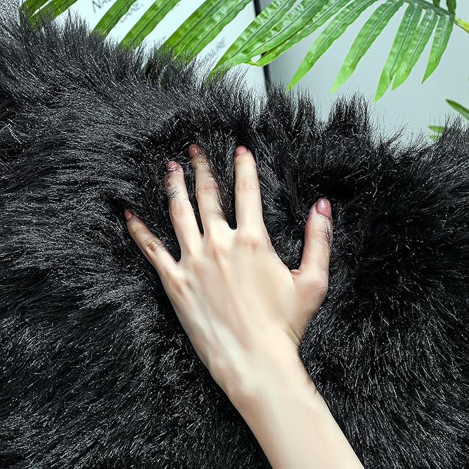 linmopm Faux Fur Rug Sheepskin Shag Fluffy Fuzzy Black 3x4 ft Rugs for Bedroom Bedside Bed Floor Living Room Plush Rectangle High-Density Cushion Carpet Super Sofa Cover