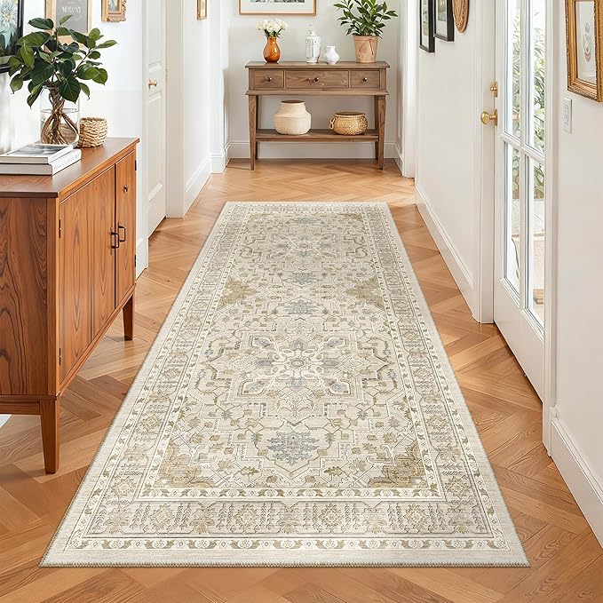 Madane Hallway Runner Rug 3x6 - Washable Kitchen Rugs Entryway Rug Runner Vintage Soft Floor Mat Non Slip Indoor Farmhouse Carpet for Bathroom Living Room Bedroom (3 X 6, Beige/Blue)