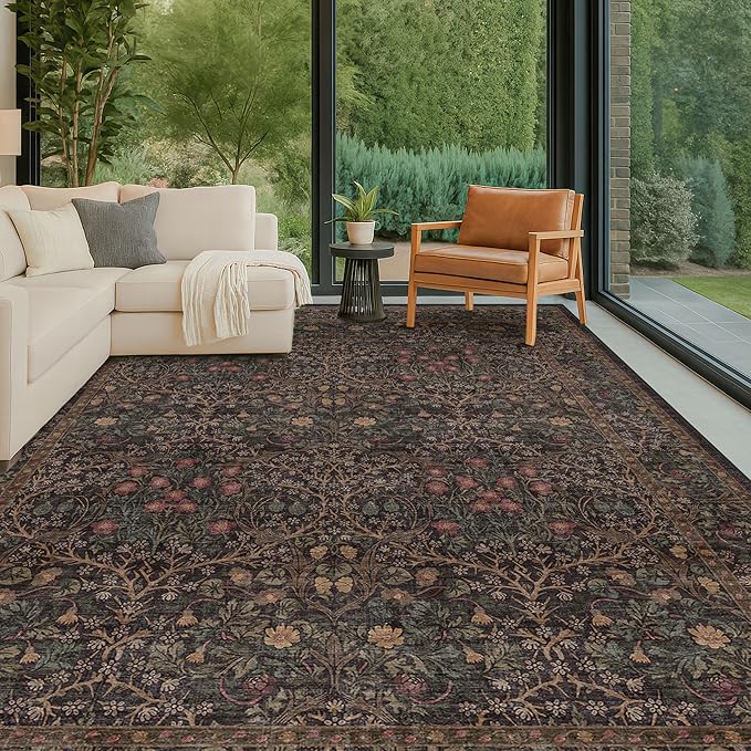 Washable Area Rugs 9x12 Living Room - Dark Brown Large Rug for Dining Room Under Table, Bedroom, Soft Low Pile Non-Slip Stain Resistant Carpet - Vintage Floral Plant Design