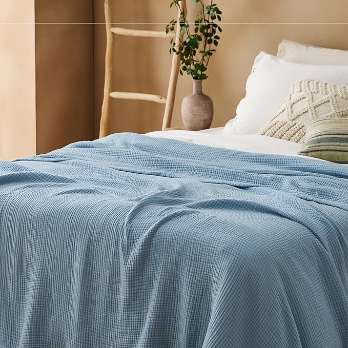 Bedsure 100% Cotton Muslin Blanket Queen Size for Bed - 4-Layer Breathable and Lightweight Thin Soft Summer Gauze Muslin Blankets for Adults, Blue, 90x90 Inches