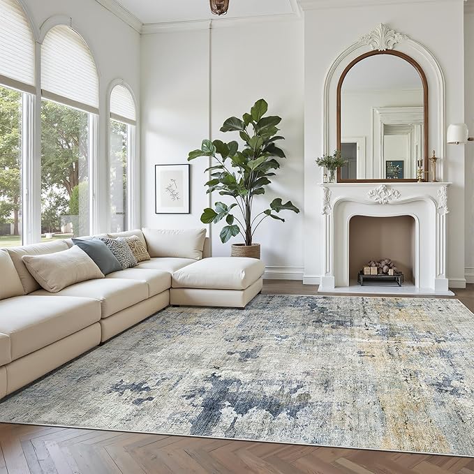 Abstract Rug 8x10 Large Living Room Rugs Neutral Modern Washable Area Rugs for Bedroom Dining Room Non-Slip Stain Resistant Foldable Thin Rug Blue Yellow
