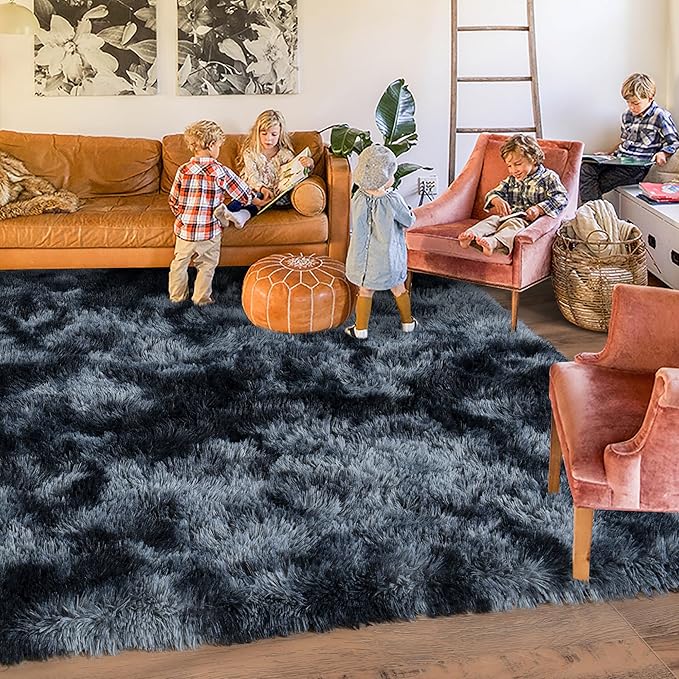 Rugs for Living Room 9x12, Soft Shaggy Modern Shag Area Rug for Bedroom, Upgrade Non-Slip Plush Fluffy Carpet for Kids Boys Girls Room Home Decor Aesthetic, Blue Grey