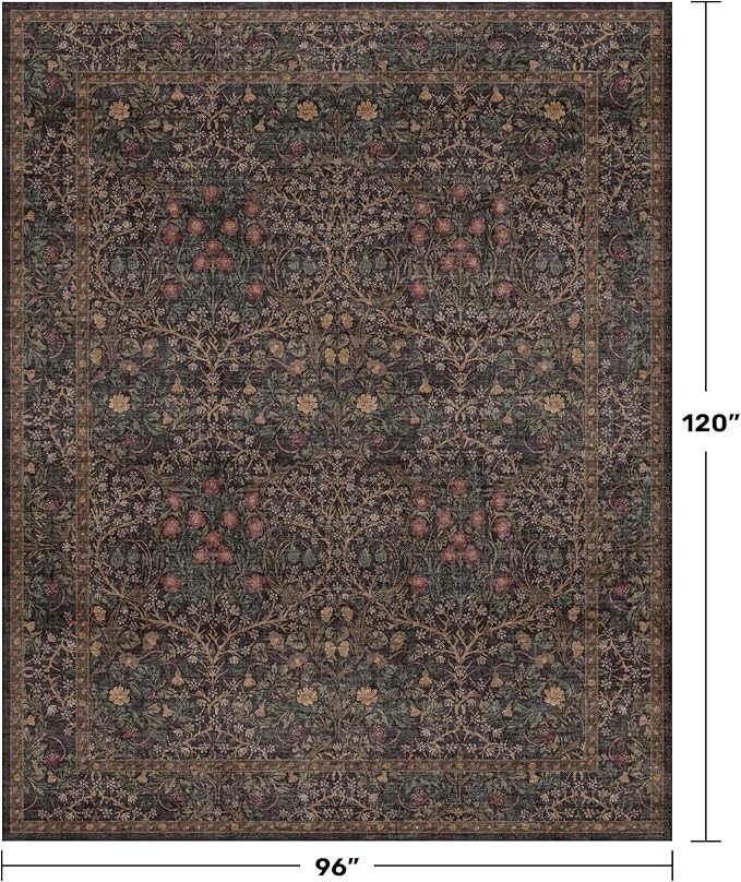 Vintage Washable Dark Brown Rugs for Living Room, 8x10 Area Rugs for Dining Room Under Table, Bedroom, Black Brown Deep Olive Taupe Espresso Accent Floral Carpet Non-Slip, Low Pile Stain Resistant