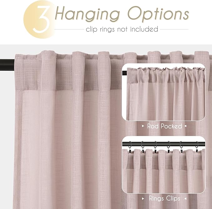 Blush Pink Curtains for Living Room Back Tab Modern Farmhouse Semi Sheer Curtains 108 inches Long 2 Panels Set Muted Neutral Window Curtain for Dining Room Bedroom 52x108