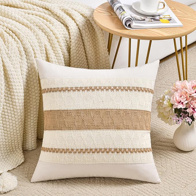 Fancy Homi Set of 1 Boho Neutral Euro Decorative Throw Pillow Cover 26x26 Inch for Couch Bed Bedroom, Aesthetic Modern Organic Farmhouse Room Decor, Soft Cotton Accent Macrame Woven Tan Cushion Case