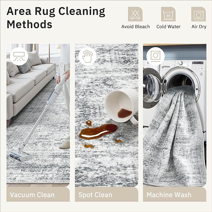 5x7 Area Rugs Gray Low Pile Indoor Washable Trendy Faded Style Rugs for Bedroom Living Room Dining Room Foldable Non-Slip Thin Grey Print Mat