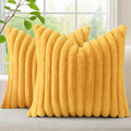 decorUhome Summer Cozy Faux Fur Throw Pillow Covers 16x16 Set of 2 Decorative Soft Plush Striped Modern Farmhouse Boho Couch Pillow Cases with Velvet Back for Sofa Bed Living Room, Mustard Yellow