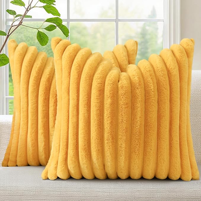 decorUhome Summer Cozy Faux Fur Throw Pillow Covers 22x22 Set of 2 Decorative Plush Striped Modern Farmhouse Boho Couch Euro Sham Pillow Cases with Velvet Back for Sofa Bed Living Room, Mustard Yellow