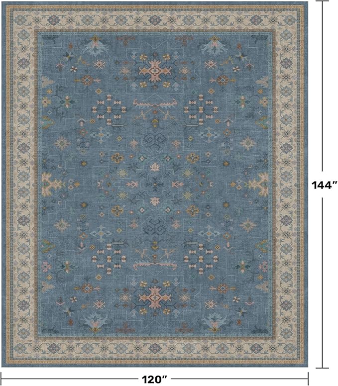 Hazo Haus Blue Big Rugs for Living Room - Dusty Blue 10x12 Area Rug for Large Bedroom, Dining Room, Washable Lightweight Foldable Floral Modern Home Décor