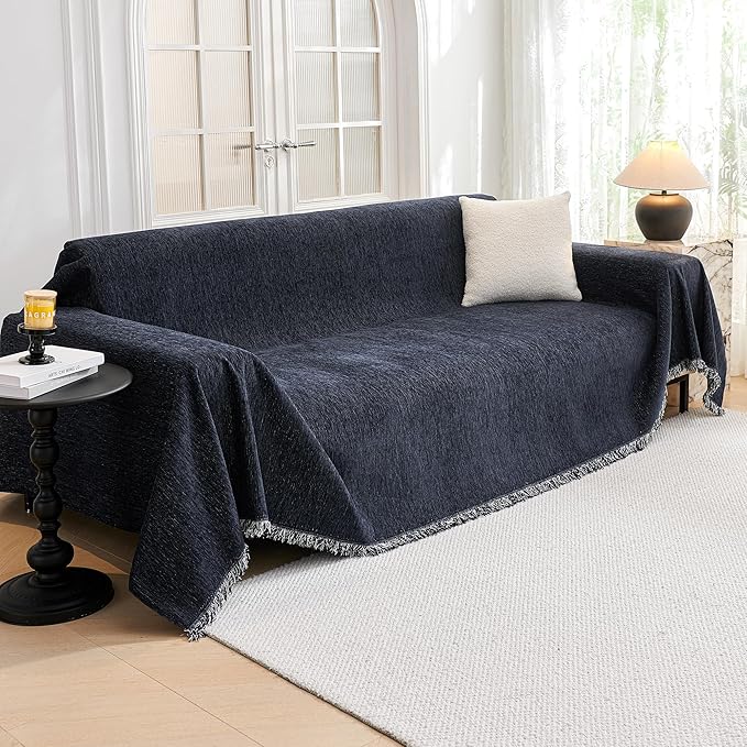 MYSKY HOME Couch Cover for Dogs Washable Couch Covers Couch Covers for Sofa Couch Cover 2 Cushion Sofa Non Slip Dogs Furniture Protector with Tassels Chenille Sofa Covers for Pet, 71"x102", Navy Blue