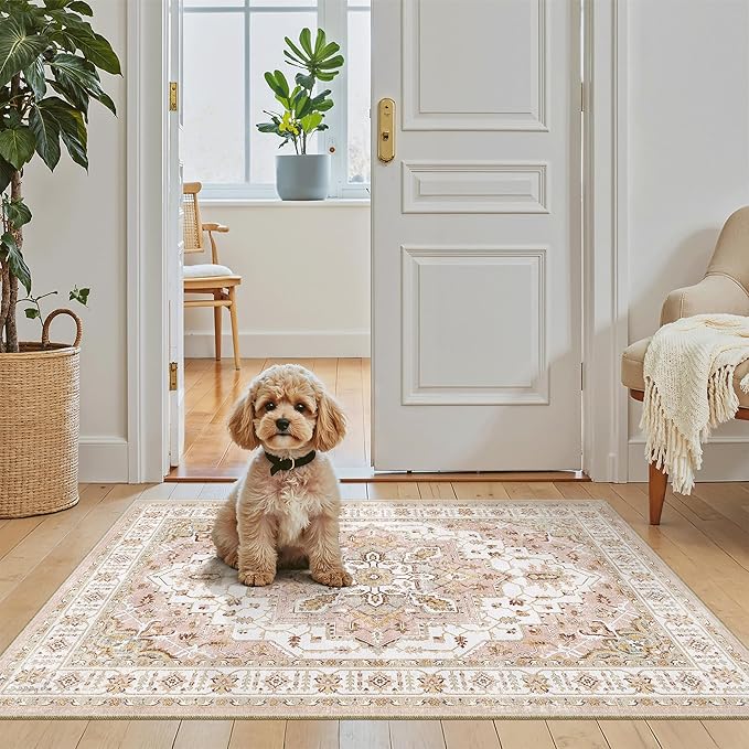 Madane Washable Area Rug 2x3, Small Entryway Rug Non-Slip Vintage Door Mat Indoor Entrance, Low Pile Floor Carpet for Inside Front Door Bedroom Kitchen Entry Laundry (2'x3', Pink)