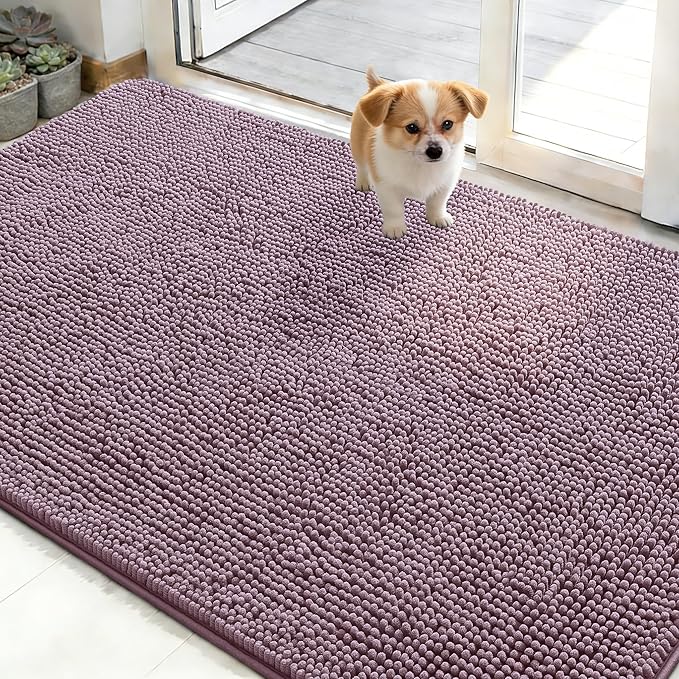 OLANLY Dog Door Mat for Muddy Paws 48x30, Absorbs Moisture and Dirt, Absorbent Non-Slip Washable Doormat, Quick Dry Chenille Mud Mat for Dogs, Entry Indoor Entryway Carpet for Inside Floor, Deep Plum