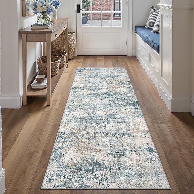 Blue 2x6 Runner Rug Washablel Abstract Hallway Carpet Modern Neutral Non Slip Soft Carpet Low Pile Contemporary Aesthetic Long Rug for Bathroom Laundry Kitchen Bedroom