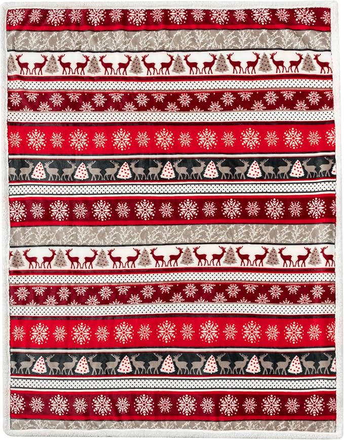 Throw Blanket, Holiday Reindeer Print, Reversible Sherpa Fleece, 50x60 Inches