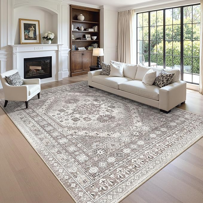 zesthome 8x12 Area Rugs,Stain Resistant Washable Rug,Ultra-Thin Rugs for Living Room,Bedroom,Non-Slip Backing Home Decor Large Area Rug (Brown/Beige,8'x12')