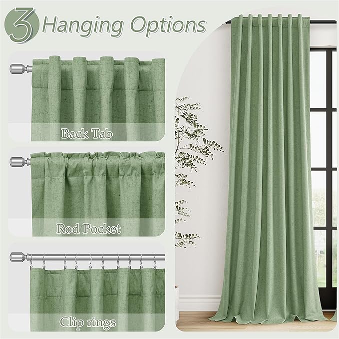 Guken Light Sage 100% Blackout Linen Curtains 96 Inch Length 2 Panels Set for Living Room Bedroom Back Tab/Rod Pocket Thermal Insulated Black Out Drapes Room Darkening Farmhouse Window Curtains