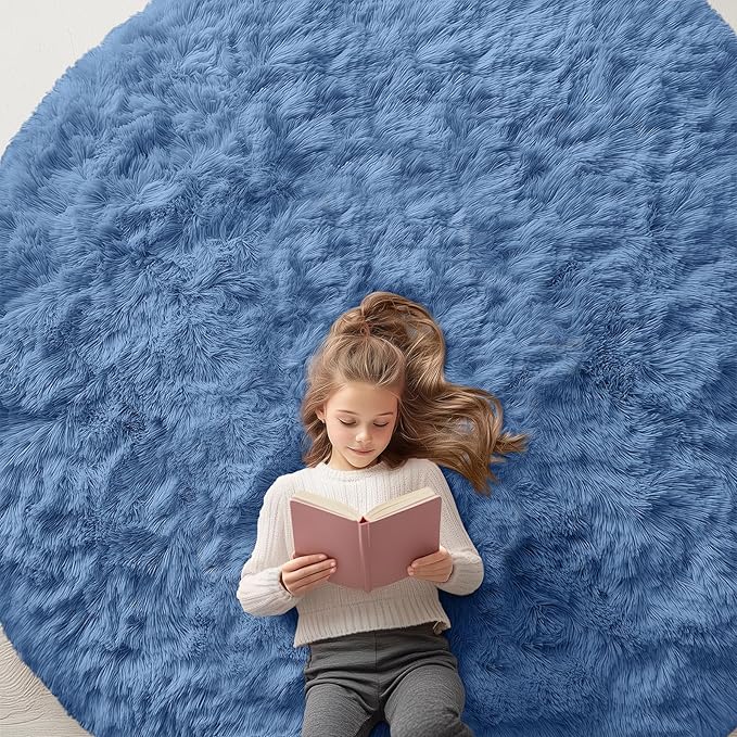 OLANLY Blue Round Rugs for Bedroom - Machine Washable, 7 ft Circle Area Rugs for Living Room, Soft and Fluffy Shaggy Carpet for Teen Girl and Boys, Nursery Rooms, Dorms, Home Decor Aesthetic