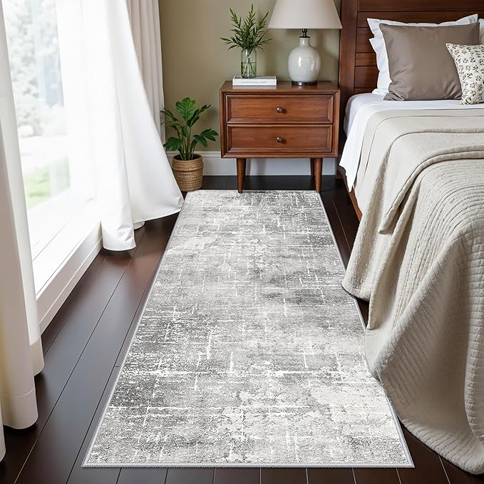 Washable 2x5 Hallway Runner Rug: Indoor Abstract Water Resistant Kitchen Entryway Rug Soft Living Room Bedroom Carpet Thin Low Pile Non Slip Floor Mat for Bathroom Laundry Room(2X5，Light/Grey)