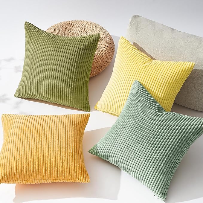 Topfinel 20x20 Oversized Throw Pillows Covers Set of 4 Euro Shams,Farmhouse Yellow Green Mix and Match Cushion Cases,Corduroy Striped Accent Pillows for Vanilla Girl Room Decor