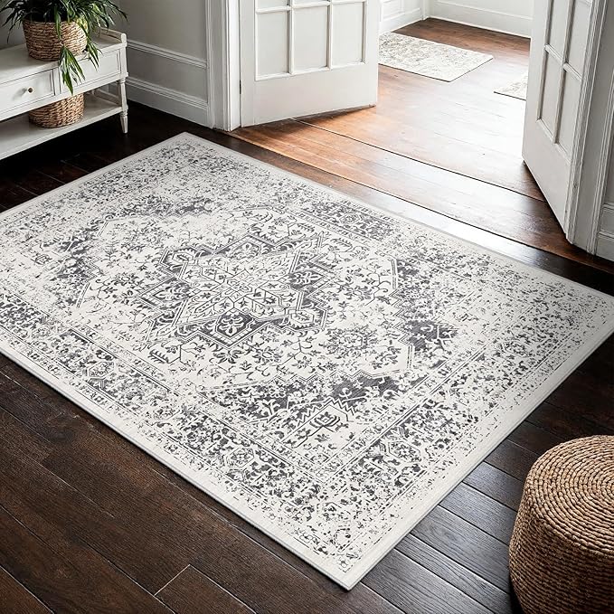 Washable 3x4 Area Rug for Entryway - Kitchen Non Slip Low-Pile Rugs Vintage Soft Thin Carpet Small Stain Resistant Mat for Bedroom Entrance Bathroom Floor Decor (Distessed Grey)